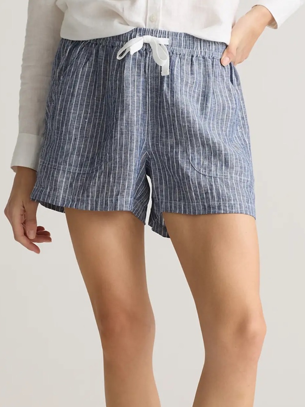 Quince 100% European Linen Shorts Navy & White Chambray Stripe Women's Large